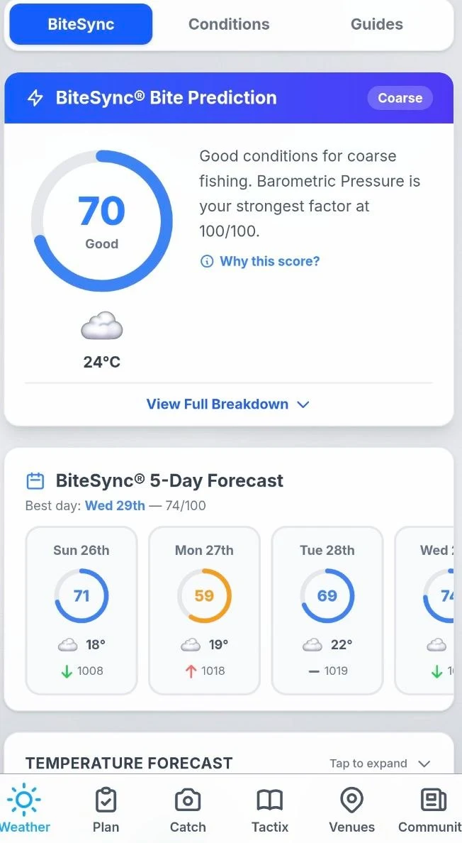 The FishingTactix BiteSync screen showing a score of 70 out of 100 for coarse fishing, with a five-day forecast below it.